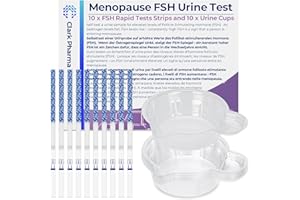 CLARK PHARMA Paquete de 10 kits de prueba de menopausia | 10 tiras reactivas y 10 vasos de orina | Mujeres Detección de hormona estimulante del folículo | Autoexamen para la menopausia precoz y la perimenopausia |