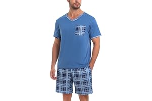 Aseniza Pyjama Homme Coton Ete Ensembles de Pyjama Court à Manches Courtes Short Été Tenues de Nuit Vêtements de Nuit Eté Vêtement d'Intérieur Vêtements de Détente Doux Loungewear