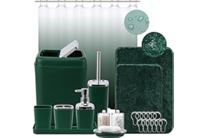 XLHOMO Dark Green Bathroom Accessories Set with Ombre Shower Curtain and Non-Slip Bath Rugs,24PC Sets Trash Can, Toothbrush Holder, Cup, Soap Dispenser, Tray, Dish, Toilet Brush, Qtip Holder