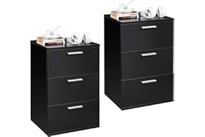 Yaheetech 2X Mesitas de Noche con 3 Cajones 40x35x60cm Mesillas de Noche Negra Mesita Auxiliar Organizadra para Salón Sofá Cama de Diseño Moderno Versátil