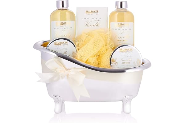 BRUBAKER Cosmetics - Coffret de bain - Vanille - 7 Pièces - Baignoire décorative - Argenté/Jaune - Idée cadeau