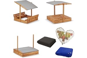 SUNWOOD Sandkasten Imprägniert mit Dach inkl. Video Anleitung für Montage mit Sonnenschutz UV-Schutz Sandbox mit Abdeckung mit Sitzbänken mit Deckel mit Plane Sandkiste Sandkastenvlies Holz 120x120 140x140 XL