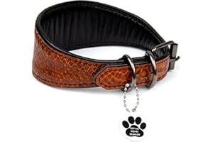 FAVPET Lujo Collar Galgo Ancho de Cuero con Etiqueta ID QR y D-Anillos de Metal Engrosados para Galgos Italiano, Español, Saluki, Whippet, Lurcher, Podenco, Patrón de Piel Serpiente (XS, Marrón)
