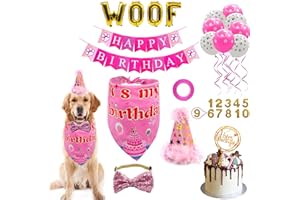 Dog Birthday Party Supplies, LMSHOWOWO Dog Birthday Bandana Girl, with Hat, WOOF Balloons, Elastic Bow Tie, Sticky Number, Banner, Cake Topper for Small Medium Large Dogs (Pink)