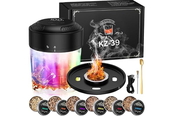YGVQN Elektrisk whiskyrökare, USB-C uppladdningsbar cocktail rökare kit med LED-skärm - set med 6 naturligt trä, Butan fri, presentidé till make, far, cocktailälskare