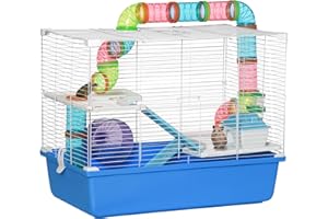 PawHut Hamster Cage, Gerbil Cage 3 Tier for Dwarf Hamster with Tube, Exercise Wheel, Water Bottle, Food Dish 59 x 36 x 47 cm- Blue