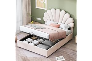 Wyibwy Letto imbottito 140 x 200 cm,letto contenitore idraulico, letto matrimoniale con tessuto di velluto,Letto con testata fiorita e struttura a doghe, con Testata regolabile, per ragazzi,Beige