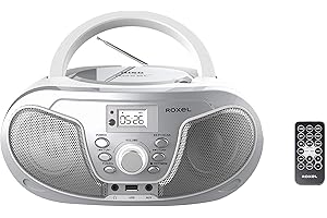 Roxel RCD-S70BT Boombox portatile lettore CD con telecomando, radio FM, riproduzione MP3 USB, ingresso AUX da 3,5 mm, jack per cuffie, display a LED, streaming musicale wireless (argento)