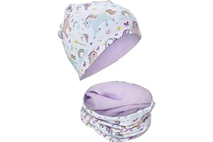 HECKBO Children Girl Beanie Hat & Loop Scarf Set - Different Designs - Spring Summer Fall Winter - 95% Cotton - Soft Easy Care Stretch Material - for Cool Kids Boys Girls