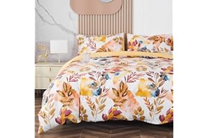 Jemiipee Set Copripiumino Floreale Colorato Letto Singolo Autunno Rami e Foglie, 1 x Copripiumino 135x200 cm e 1 x Federa 50x70 cm Completo Sacco Parure Letto Bohémien Microfibra Giallo Senape