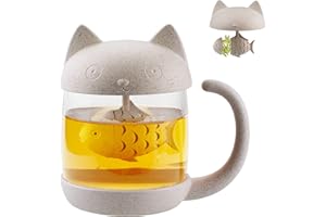 QUNUNOIRE-Tasse à thé en verre de chat Bouteille d'eau-Avec filtre de filtre à infusion de pain de poisson avec Infuseur à thé 250ML (8 oz) Blanc