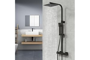 HAPAOSO Colonne de Douche Thermostatique 38 °C, Colonne de Douche Réglable en Hauteur, Ensemble de Pommeau et Douchette pour Salle de Bain (Noir)