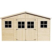 TIMBELA Holz Gartenschuppen MIT IMPRÄGNIERTEM Boden - Abstellkammer mit Fenstern - H246 x 418 x 320 cm/ 12 m² Naturholz…