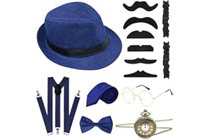 ELECLAND 10 Pieces 1920s Men Costume Accessories Set Roaring Retro Gangster Costume, Hat, Bow Tie, Pocket Watch, Suspender, Glasses, Beard, Armband Garters, Pocket Watch