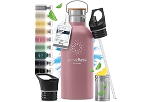 Trinkflasche Edelstahl mit Strohhalm, Infuser + 3 Deckel: BPA-frei, Auslaufsicher, Kohlensäure geeignet - Wasserflasche Fahrrad Thermosflasche Isoliert Isolierflasche Sport Wasser Flasche Kinder Tee