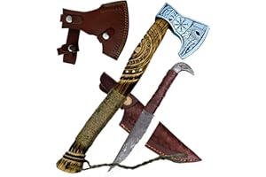 CraftTal-Wikinger Axt 52 cn.mit Rabankopf Messer 2in1set Handgravierter Eichenholz Griff 1095 Kohlenstoffstahl Klinge LARP Beil mit lederschutz Geschenk für männer