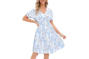 KOJOOIN Damska krótka sukienka w kwiaty, sukienka o linii A, z krótkim rękawem, letnia sukienka z falbankami, dekolt w serek, sukienka na czas wolny, wysoka talia, minisukienka (opakowanie wielokrotnego użytku