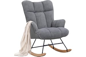 XH.Easy Go Rocking Chair Nursery Teddy Upholstered Glider Rocking Accent Chairs Padded Seat with Rubber Wood Legs Armchair Comfy Side Chair for Living Room Bedroom Offices (DarkGrey Teddy)