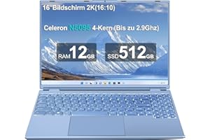 ‎AOCWEI AOCWEI Laptop 16 zoll 12GB RAM 512GB ROM Erweiterungen 2,5" 1 TB SSD, Laptop Win 11 mit 4-Core CPU N5095 (bis zu 2,9 GHz), 1920 * 1200丨5G WiFi丨Bluetooth & Deutsche Tastatur Aufkleber-Blau