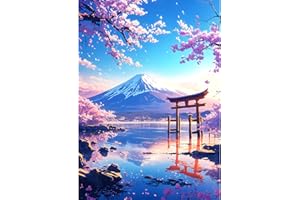 QINRUBB DIY 5D Mont Fuji Diamond Art Kits Point de Croix Painting pour Adultes Débutants, 5D Paysage Art du Diamant Complet Kit, Peinture Fleur de Cerisier Diamant Painting Kits Maison Décor 30x40 cm
