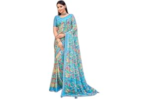 Jaanvi fashion Damen Chiffon bedruckt Banarasi Bordüre Bollywood Sari mit ungenähtem Blusenteil