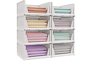 SONGMICS Stackable Wardrobe Storage, Foldable Closet Organiser, Set of 8 Pull-Out Baskets, Closet Storage and Organisation, Bedroom, Office, Bathroom, White LPC800WZ01