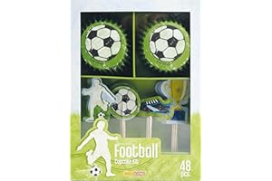 DECOCINO Juego de 48 muffins de fútbol, 24 moldes de 5 cm de diámetro y 24 toppers de papel para magdalenas, decoración ideal para cumpleaños infantiles y fiestas temáticas