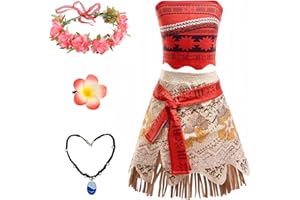 IWFREE Filles Vaiana Déguisement, Imprimée Top Jupe avec Accessoires Aventure Princesse Hawaii Robes Noël Carnaval Halloween Fête Anniversaire Enfant Vaiana Costume, 1-7 Ans