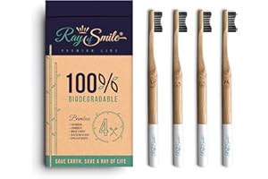 RAY OF SMILE 4 paquetes Cepillo Dental hecho de Madera de Bambú, cerdas suaves y fácil de distinguir, empacado sin plástico, cepillo de dientes con carbón de bambú para dientes sanos y blancos