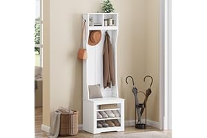 YITAHOME Appendiabiti, Appendiabiti da Terra con Scarpiera, Mobile Ingresso con 5 Ganci e Panca Contenitore, Mobili da Ingresso per Corridoio, Camera da Letto, 50x35x180.5 cm, Bianco
