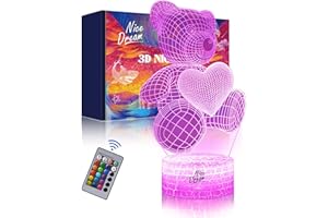 ‎NICE DREAM Nice Dream Bär Nachtlicht für Kinder, 3D Illusion Lampe Kinderzimmer LED Licht, Fernbedienung 16 Farbwechsel Dimmbar, Weihnachtsgeschenke für Mädchen Junge Wohnzimmer Schlafzimmer Dekor