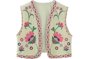 YILEEGOO Women Vintage Boho Floral Embroidered Gilets Sleeveless Crop Cardigan Tops Open Front Vest Outwear Jackets