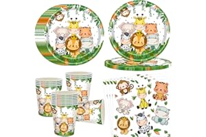 OMZSXK Safari nella giungla Stoviglie per feste per 16 ospiti,Safari nella giungla Piatti per feste di compleanno stoviglie,Animali Piatti di carta Tazze Tovaglioli
