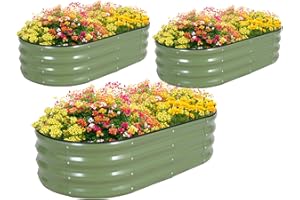 Zettfuly Galvanisiertes Hochbeet Kit - 120 x 60 x 30cm Outdoor Metall Pflanzkasten mit Sicherheitsrand und Handschuhe für Gemüse, Obst, Blumen, Kräuter (Oliver Grün, 3PCS)