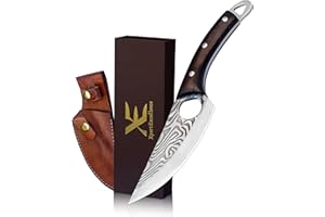 XE XPERT EXCELLENCE XE Cuchillo de Chef Hecho a Mano Japonés de acero Inoxidable de Alto Carbono con Funda de Cuero, Hoja de Espiga Completa, Mango Ergonómico de Madera de Wengué Para Acampar, Barbacoa, Cocinar, Carne