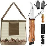 NZZVNZ Folding Mushroom Knife with Brush, Abrasive Stone, Large Volume Adjustable Compass, 2 Gloves, Hunting Bag, Stainless S