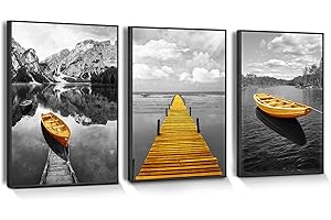 hyidecorart Marco Negro Cuadros Decoracion Salon Modernos, 3 Piezas Nórdico Montañas Y Lago Panorama Gris Amarillo Barco Arte Impresión Decoración Dormitorios Comedor Oficina Pasillo Cocina Y Baño