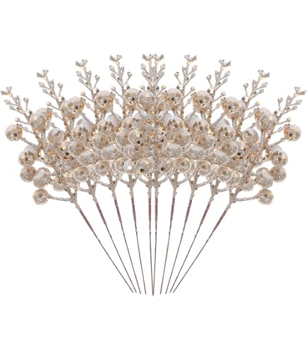 Palonu 26 Steli Di Bacche Artificiali Glitterate Dorate, 43 Cm, Rami Di