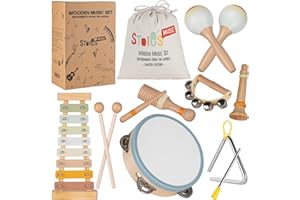 STOIE'S Set Musical Joy Stoie’s en Bois pour Enfants 1-9 Ans : Xylophone, Tambourin, grelot, Triangle, Maracas. Jouet Montessori, Sons Nets, Sac Coton, Couleurs joyeuses et Unisexes
