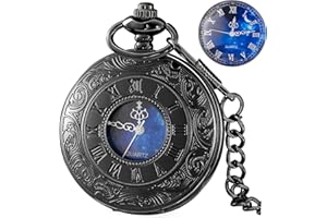 Tiong Montre de poche à quartz creuse bleue avec chiffres romains et chaîne - Cadeau de Noël ou d'anniversaire pour homme et femme