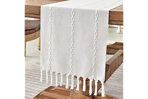 Wracra Bauernhaus Weiß Tischläufer Vintage Baumwoll Leinen Tischläufer Rustikale 120cm mit Handquasten für Partys, Esszimmer-Dekorationen, Dessert-Tischdekoration(Weiß, 120cm)