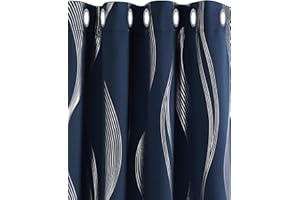 Deconovo Blue Blackout Curtains Wave Line Foil Printed Blackout Curtains Energy Saving Thermal Insulated Eyelet Room Darkening Curtains for Doors with 66 x 90 Inch Navy Blue Two Panels