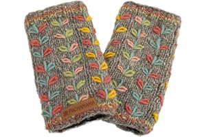 Pachamama Frauen Wolle Hand Handgelenkwärmer Fleece gefüttert handgestrickt Blume bestickt grau Einheitsgröße handgefertigt extra warm Fair Trade