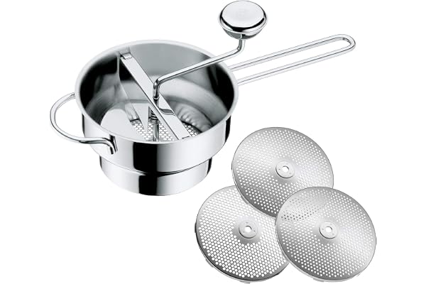 WMF Gourmet Moulin à légumes avec 3 disques perforés, 19 x 11,5 cm, en Acier Inoxydable Cromargan Poli, pour Fruits et légumes, démontable