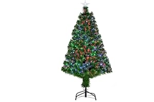 HOMCOM Sapin de Noël Artificiel Lumineux 120H cm Fibre Optique LED Multicolore + Support Pied 130 Branches étoile Sommet Brillante Vert