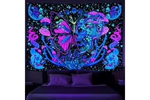 Yrendenge Fluoreszierender Wandteppich, Schmetterling Pilz Wandbelag, Schädel Mondphase Wandteppich, Polyester Wandteppich, Schlafzimmer Schlafsaal Ästhetische Wandbehang 150 * 130 cm