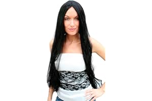 WIG ME UP- TH46-P103 - Carnaval: Peluca, Negra, Extra Larga, con Raya, 80 cms