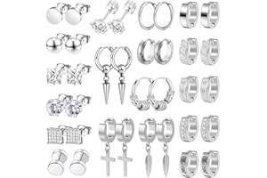 BVLAGIDA 18 Paires Boucle d'Oreille Homme, Acier Inoxydable Boucles d'Oreilles, Boucle d'Oreille Créole, Boucle d'Oreille Pendante Homme, Argent Noir Clous d'Oreilles
