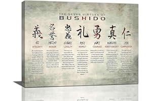 DOLLFFEY Wandkunst, japanischer Samurai, 7 Tugenden des Bushido-Bilder, Wanddekoration, motivierender Krieger, Musashi, Poster, Leinwanddrucke, gerahmt, modernes Gemälde, Kunstwerk, Geschenke für Schlafzimmer,