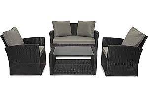 EVRE 4 Seater Rattan Garden Conservatory Patio Furniture Sofa Armchair Roma Set with Glass Top Coffee Table Wicker Weave Sofa and Cushions (Black)